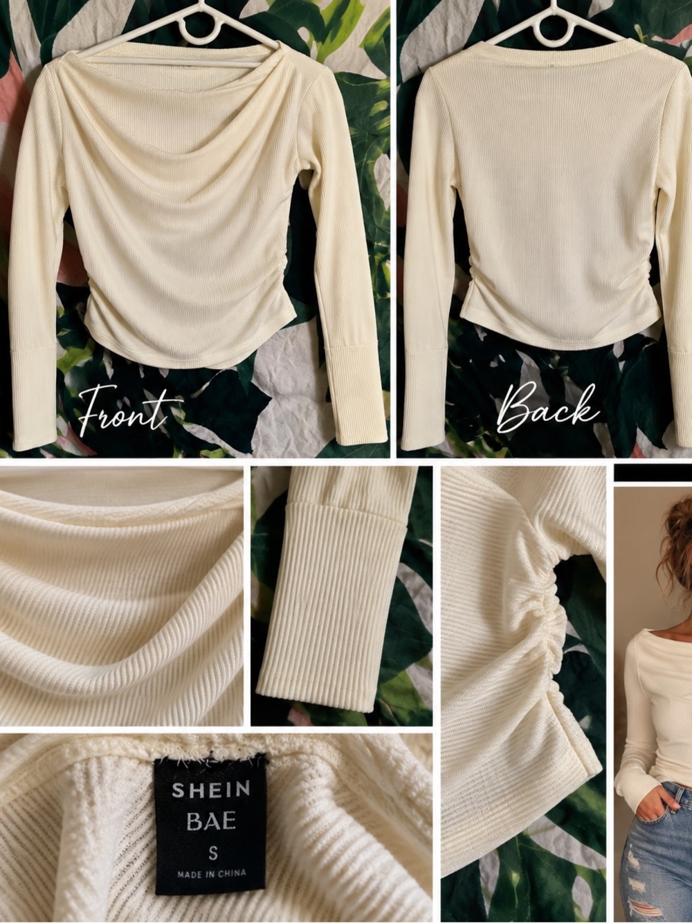 SML OffWhite/Cream Off-Shoulder Ruched Ribbed CROP Sweater